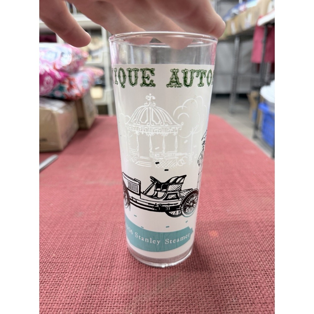VTG Anchor Hocking Antique Auto 15 oz drink Glass Tumbler Stanley Steamer 1906
